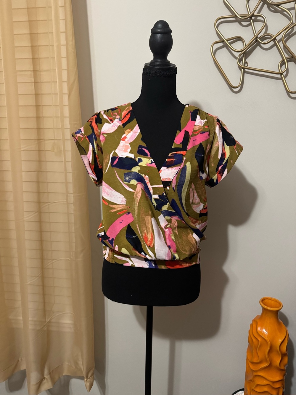 Nine West Olive Abstract Surplice Top with Pink & Navy Accents